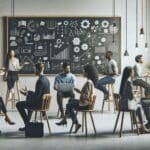 Personas jóvenes dialogando frente a pizarras con esquemas y laptops, en un entorno moderno y luminoso.