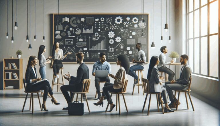 Personas jóvenes dialogando frente a pizarras con esquemas y laptops, en un entorno moderno y luminoso.