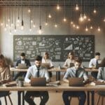 Oficina moderna con jóvenes emprendedores trabajando en laptops y pizarras llenas de ideas.