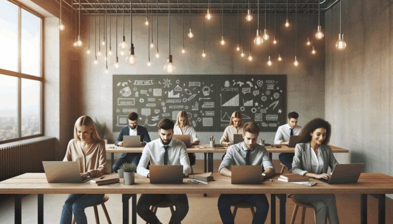 Oficina moderna con jóvenes emprendedores trabajando en laptops y pizarras llenas de ideas.