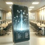 Ilustración de un móvil mostrando gráficos financieros y conexiones blockchain, en un entorno profesional moderno.