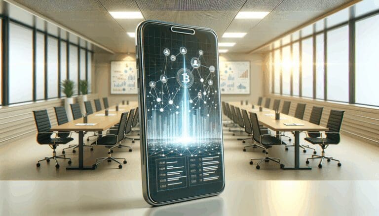 Ilustración de un móvil mostrando gráficos financieros y conexiones blockchain, en un entorno profesional moderno.