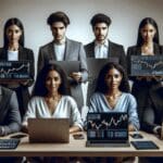 Equipo diverso de jóvenes emprendedores trabajando en laptops sobre una mesa moderna, con gráficos de criptomonedas en pantalla.