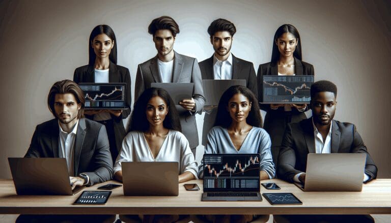Equipo diverso de jóvenes emprendedores trabajando en laptops sobre una mesa moderna, con gráficos de criptomonedas en pantalla.