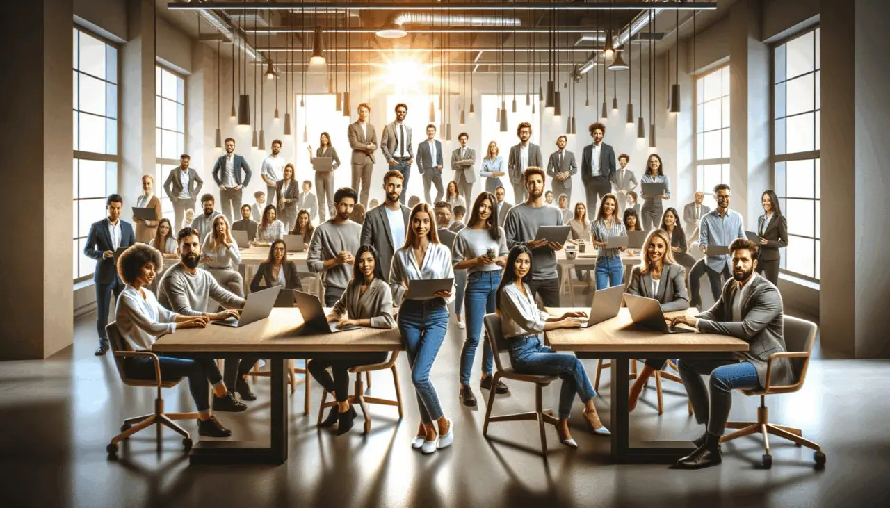 Grupo diverso de emprendedores reunidos en un moderno espacio de coworking, laptops sobre mesas, ambiente dinámico y colaborativo.