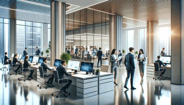 Oficinas modernas con equipo de trabajo colaborando en un entorno tecnológico.