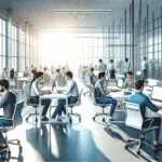 Oficinas modernas con equipos de jóvenes desarrolladores trabajando en laptops, ambiente tecnológico y luminoso.