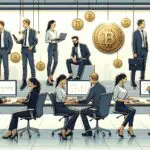 Ilustración de emprendedores trabajando con computadoras y monedas digitales flotando en un espacio moderno.