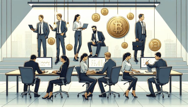 Ilustración de emprendedores trabajando con computadoras y monedas digitales flotando en un espacio moderno.