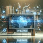 Ilustración digital de una pantalla de streaming con elementos de inteligencia artificial y circuitos; ambiente moderno y minimalista.