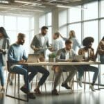 Personas colaborando en un espacio de coworking moderno