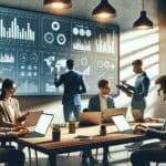 Equipo de emprendedores en una oficina moderna analizando gráficos en laptops y tablets.