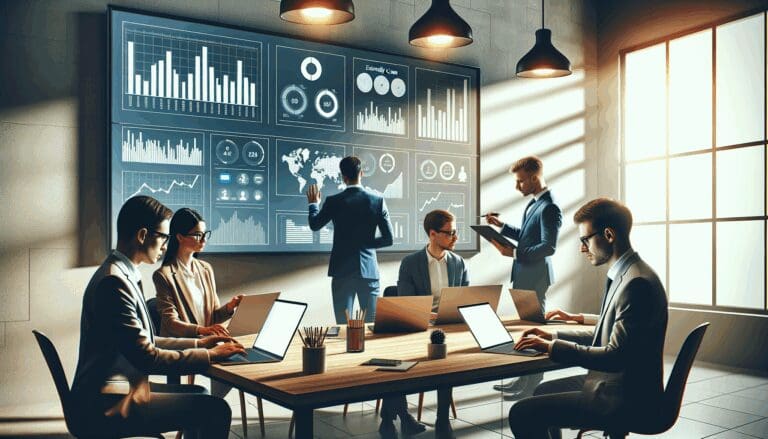 Equipo de emprendedores en una oficina moderna analizando gráficos en laptops y tablets.