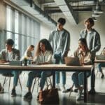 Grupo de jóvenes emprendedores colaborando en un espacio de coworking moderno.