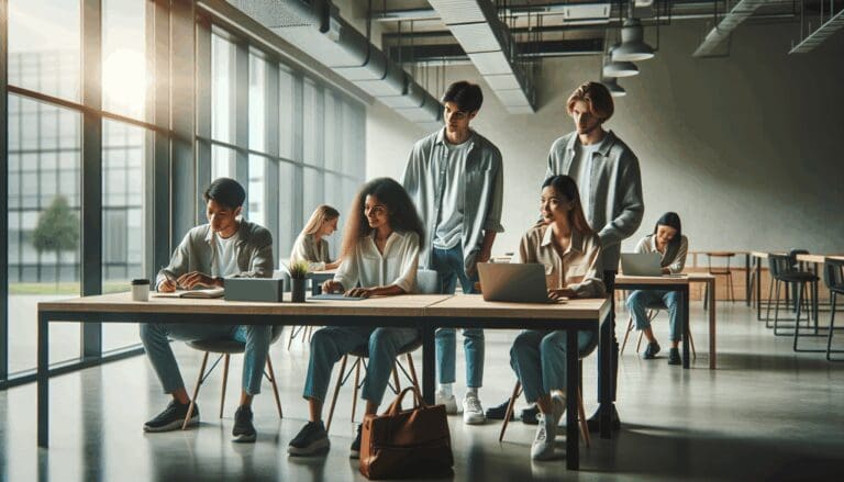 Grupo de jóvenes emprendedores colaborando en un espacio de coworking moderno.