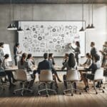 Equipo diverso colaborando en una sala de juntas moderna con pizarras llenas de ideas.