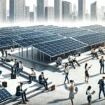 Paneles solares instalados en los techos de un centro urbano moderno, con personas trabajando en laptops.