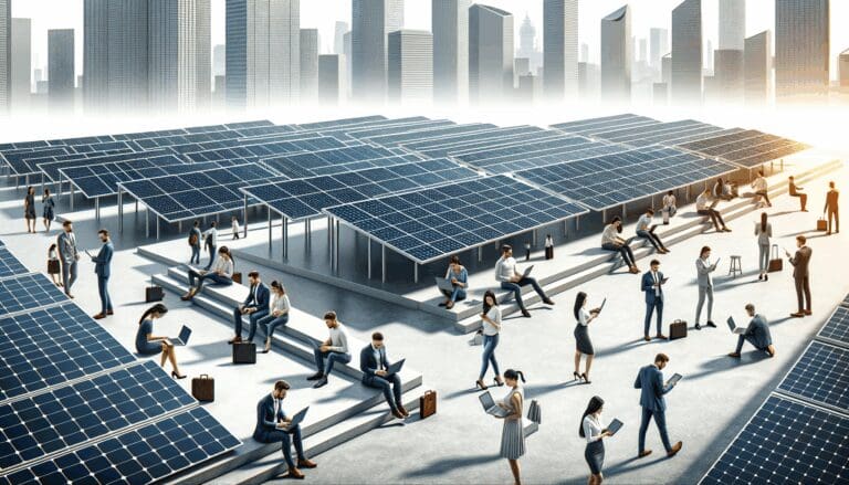 Paneles solares instalados en los techos de un centro urbano moderno, con personas trabajando en laptops.
