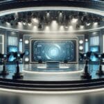 Estudio de cine moderno con pantallas y cámaras digitales bajo luz ambiental futurista.