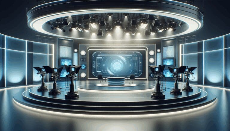 Estudio de cine moderno con pantallas y cámaras digitales bajo luz ambiental futurista.