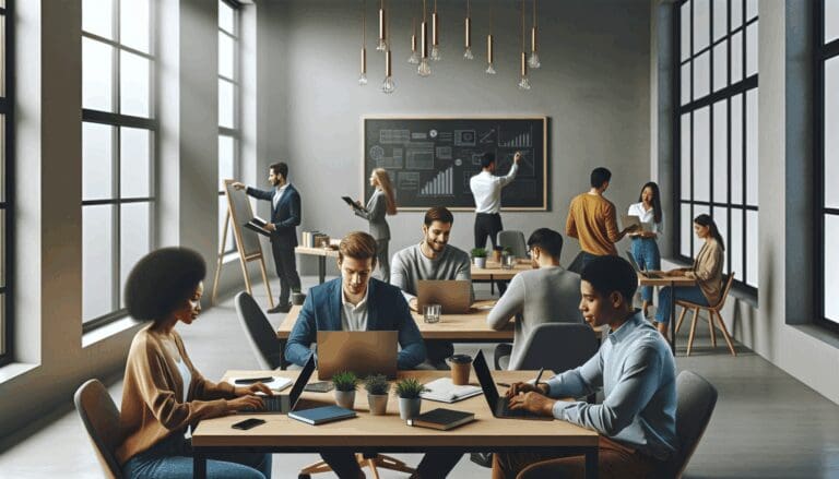 Emprendedores reunidos colaborando en un espacio de coworking moderno con laptops y pizarras digitales.