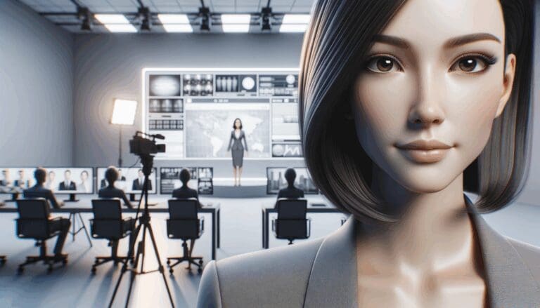 Primer plano de un avatar digital femenino en un estudio moderno, con fondo neutro y aspecto tecnológico.