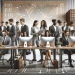 Equipo de jóvenes profesionales colaborando frente a computadoras en una oficina moderna, con fondo de contenedores y mapas de rutas.