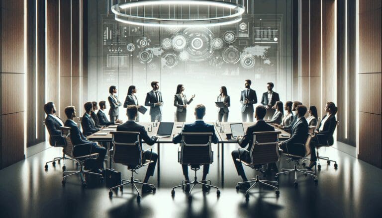 Reunión de emprendedores en una sala de conferencias moderna con enfoque en tecnología