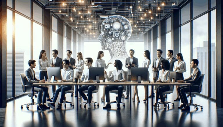 Equipo diverso de expertos en inteligencia artificial colaborando en un entorno de oficina moderno, reflejando innovación tecnológica.