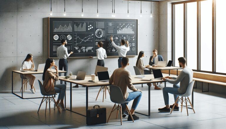 Espacio de coworking moderno con emprendedores colaborando entre laptops y pizarras digitales.