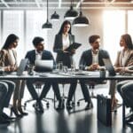 Reunión de emprendedores y ejecutivos en una oficina moderna con laptops y notas, ambiente colaborativo tecnológico.