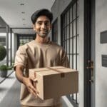 Primer plano de un repartidor entregando una caja en la puerta de una casa moderna, ambiente urbano.