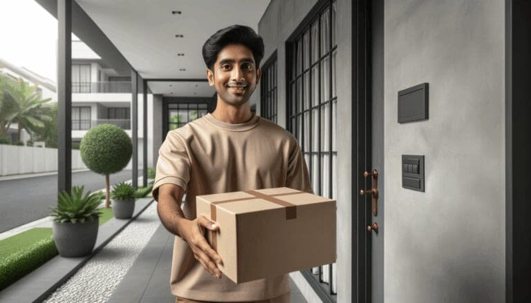 Primer plano de un repartidor entregando una caja en la puerta de una casa moderna, ambiente urbano.