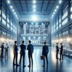 Interior iluminado de una moderna planta industrial con maquinaria tecnológica y emprendedores conversando.