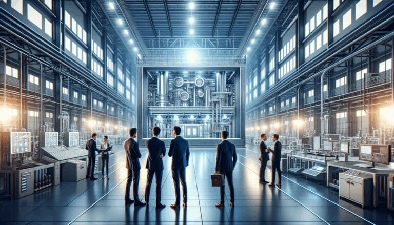 Interior iluminado de una moderna planta industrial con maquinaria tecnológica y emprendedores conversando.