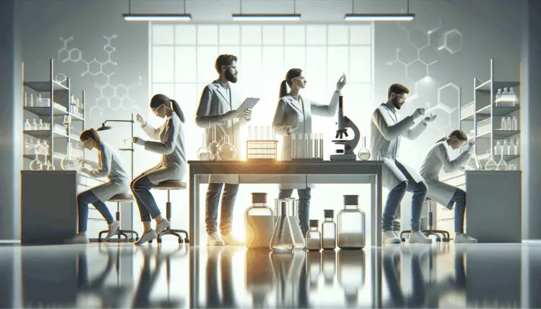 Equipo de laboratorio tecnológico trabajando con materiales químicos, fondo neutro y ambiente moderno.