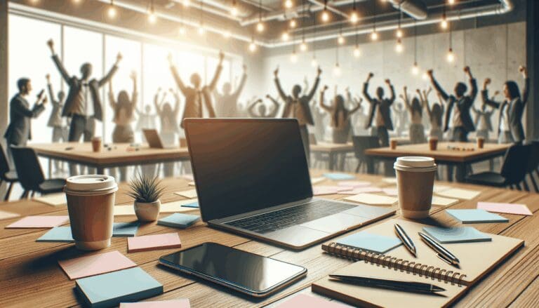 Primer plano de una laptop y smartphone sobre una mesa, rodeados de notas adhesivas y café en un ambiente de coworking moderno.