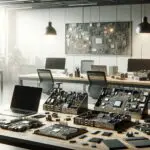 Plano medio de una mesa de trabajo con placas de circuitos y laptops en un ambiente moderno de oficina