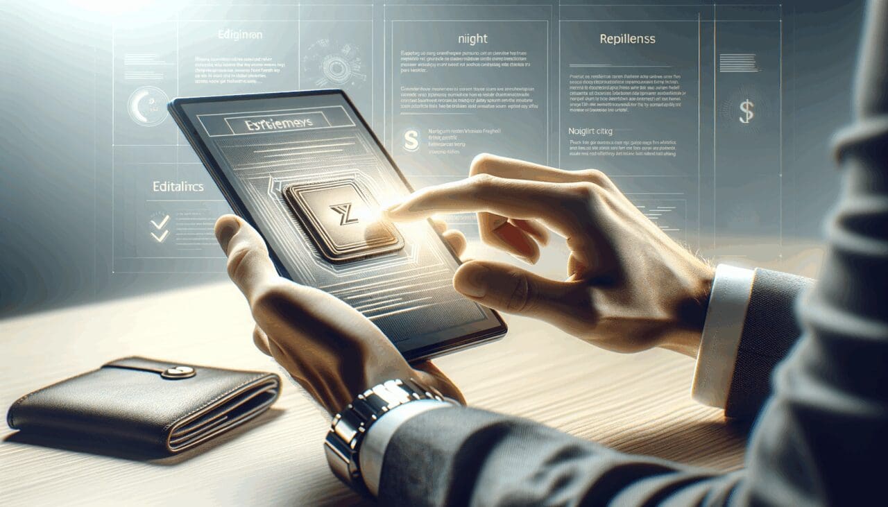 Primer plano de manos usando una aplicación de billetera digital en un entorno moderno y luminoso.