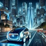 Vehículo autónomo moderno en una ciudad futurista con ambiente tecnológico.