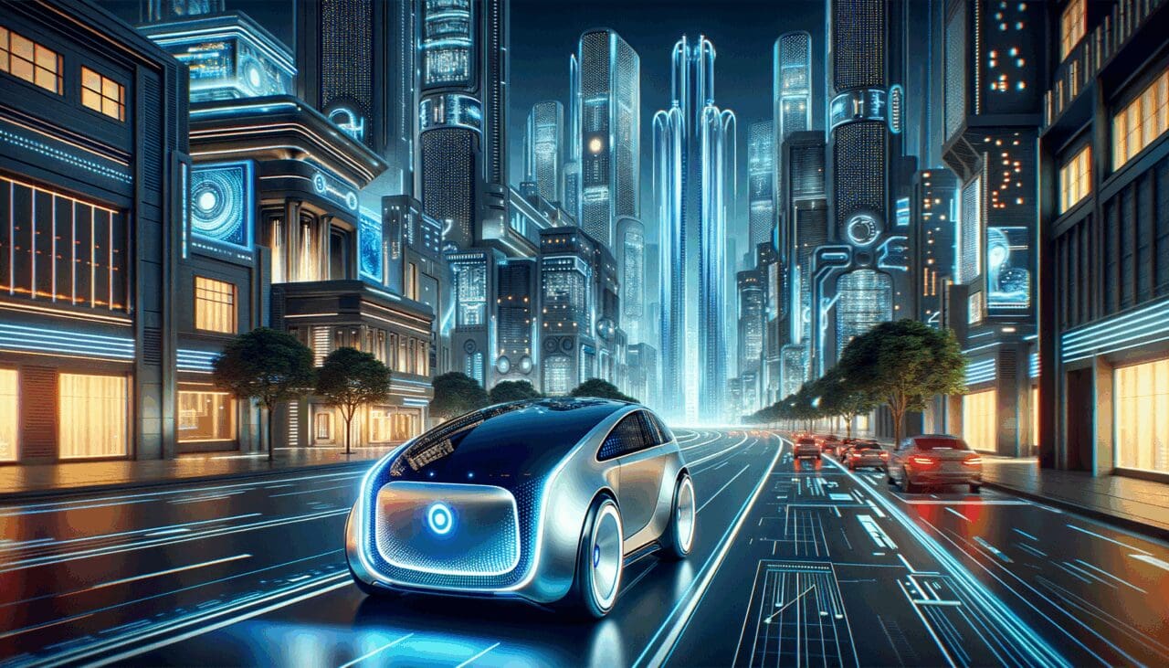 Vehículo autónomo moderno en una ciudad futurista con ambiente tecnológico.