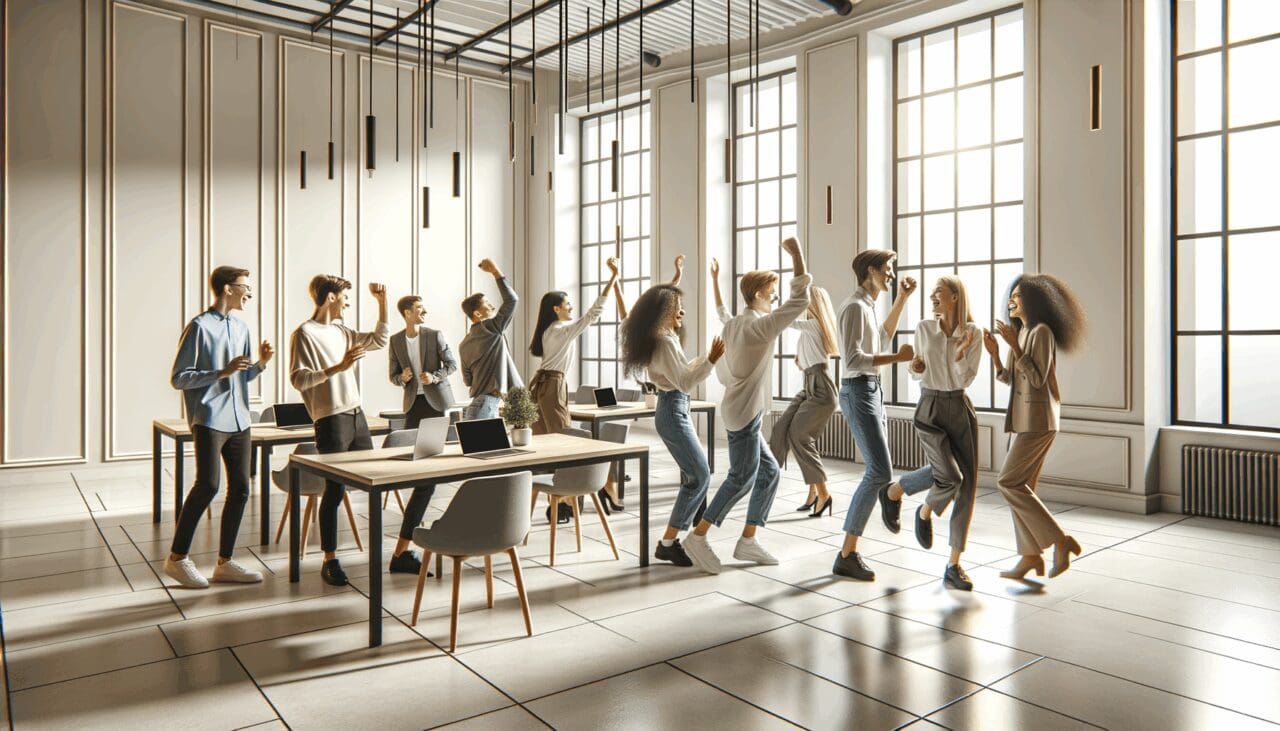 Personas jóvenes celebrando en un espacio moderno con computadoras portátiles y decoración sencilla.