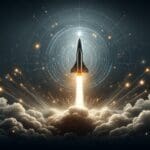 Cohete despegando sobre fondo oscuro, rodeado de nubes y destellos de luz, en ambiente futurista tecnológico.