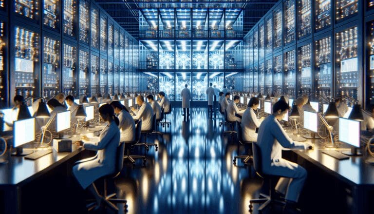 Primer plano de un laboratorio de computación cuántica iluminado, con científicos trabajando y equipos de alta tecnología al fondo.