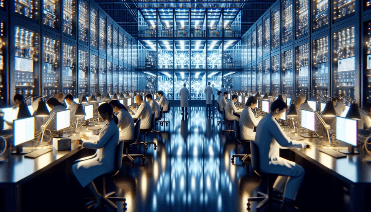 Primer plano de un laboratorio de computación cuántica iluminado, con científicos trabajando y equipos de alta tecnología al fondo.