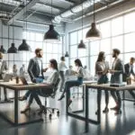 Emprendedores colaborando en un espacio de coworking moderno y luminoso.