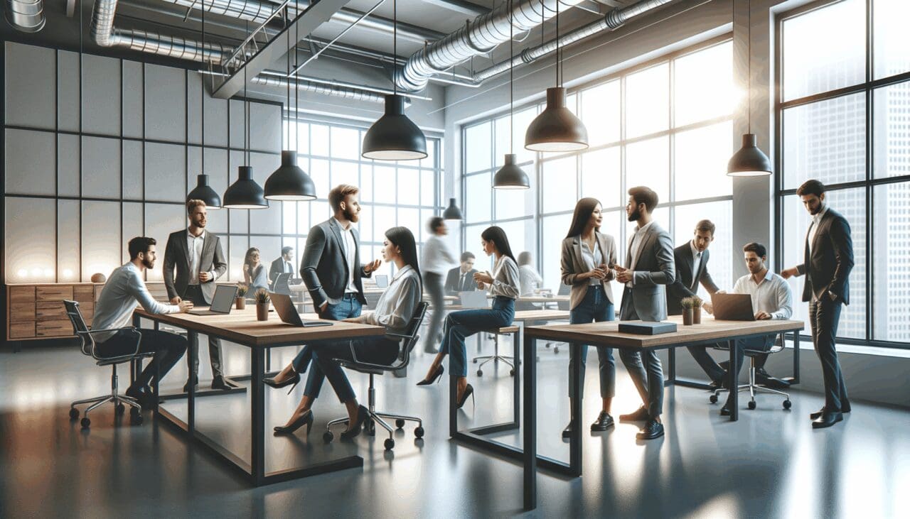 Emprendedores colaborando en un espacio de coworking moderno y luminoso.