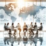 Reunión de negocios en una sala luminosa, con dos equipos internacionales discutiendo sobre nuevas tecnologías.