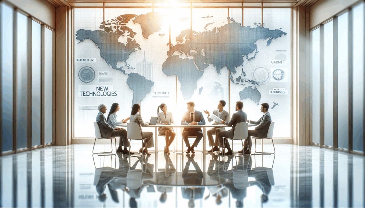 Reunión de negocios en una sala luminosa, con dos equipos internacionales discutiendo sobre nuevas tecnologías.