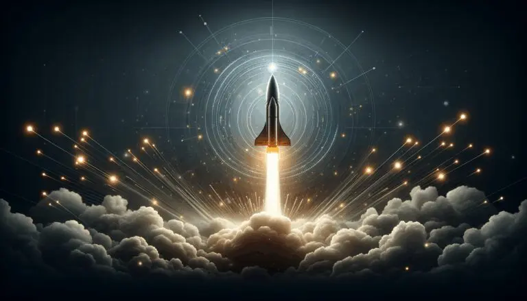 Cohete despegando sobre fondo oscuro, rodeado de nubes y destellos de luz, en ambiente futurista tecnológico.